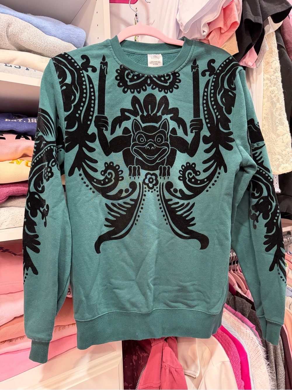 Disney Parks Haunted Mansion Sweatshirt, teal with black velvet, small